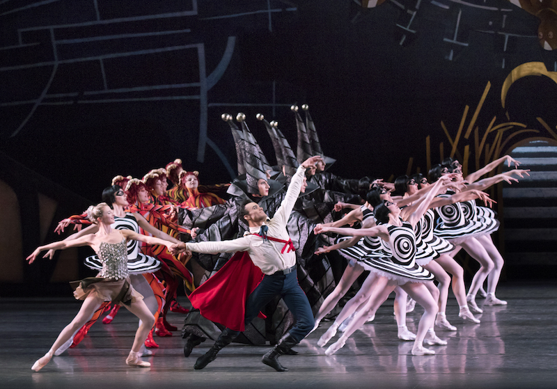A large cast of the ballet lead by Taylor Stanley in a red cape smile and extend in wide arabesque lunges
